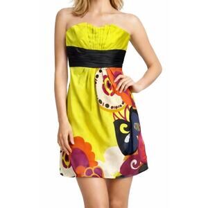 Kay Unger Y2K Dress 14 Chartreuse Yellow Strapless Silk Floral Pleated Cocktail